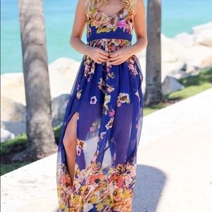 Cobalt Floral Maxi Dress with Side Slit